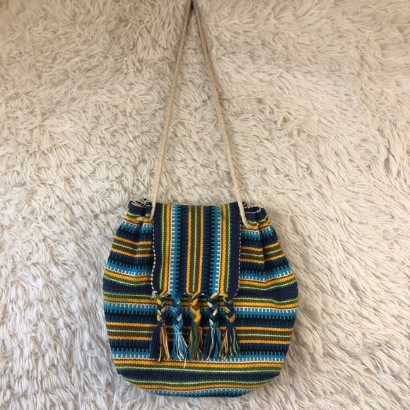 Womens Hobo Handbag Purse Multicolor Blue Striped Dual Handle Flap Over Beach - Picture 1 of 8